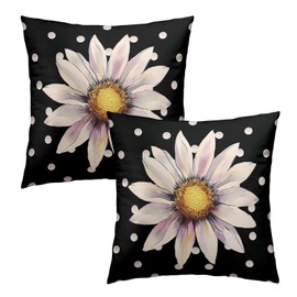 Evlaschin 18"x18" Watercolor Daisy Flower Pillow Covers Set of 2 White Black Polka Dots Cotton Throw Cushion Cover Spring Summer Floral Square Pillowcases for Sofa Couch Indoor Outdoor Decor