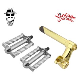 Vintage Lowrider Vtg Lowrider  Stem 2-Screw 22.2 Gold & Pedals Square Twisted 1/2" Chrome