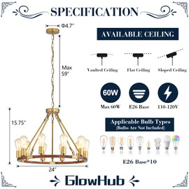 Wagon Wheel Chandelier Gold 10-Light Farmhouse Pendant Light Wood Grain Finished Round, 24" Hanging Ceiling Light Fixture for Dining Room Foyer