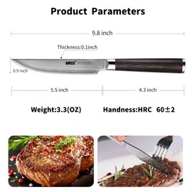 AMSZL 5.5" Steak Knives set of 6, 9Cr18MoV Clad Steel Core Forged Straight Edge Steak Knife - Pakka Handle - Gift Box