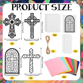 24Pcs Religious Cross Crafts Kit Cross Suncatcher Craft Stained Glass Effect Paper Suncatchers Colored Tissue Paper Window Arts and Crafts for Easter Church Sunday School Classroom Projects Decor Gift