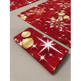 1KDreams Weihnachtstischdecke. Roter Hintergrund mit Kugeln und goldenen Blättern. Klassisches Design im modernen Stil. (130 x 240 cm)