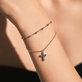 Velissara S925 Sterling Silver Double-Layer Cross Bead Bracelet – Minimalist & Elegant Layered Chain Jewelry for Women