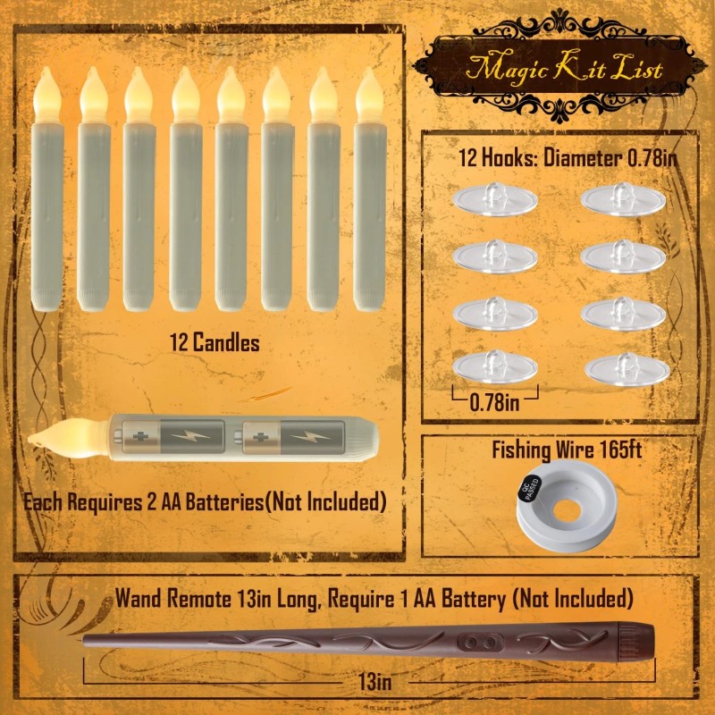 Hanging Floating Candles with Wand Remote and String 12 Pcs