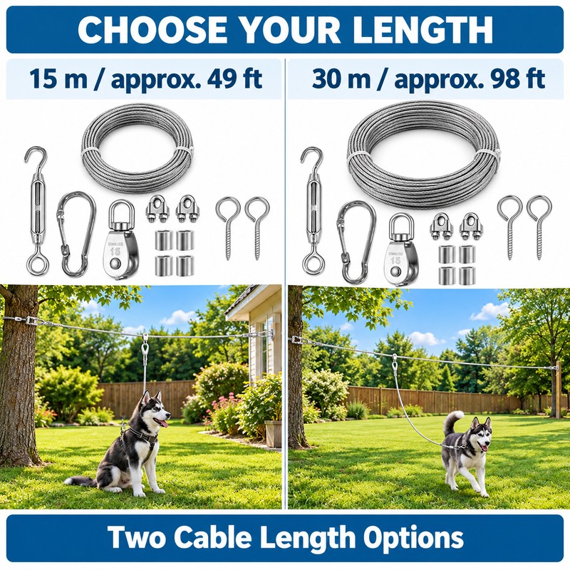 Outdoor Dog Tie Out Trolley Cable System Kit with Pulley,