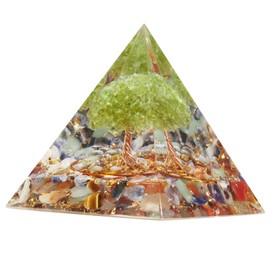 Nupuyai Handmade Peridot Tree of Life Pyramid Desk Decor, Resin Tumbled Stones Crystal Pyramid Energy Generator for Meditation Balancing, Colorful Crystal Stone