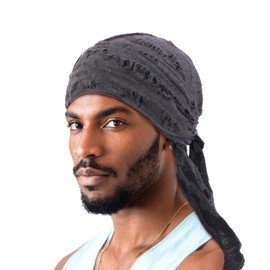 Pirate Bandana Hat Vintage Ragged Skull Cap Breathable Cotton Durag Long Tail Beanie Cap Running Cycling Riding Bandana Head Wrap Under Helmet Liner Medieval Renaissance Pirate Headband Grey