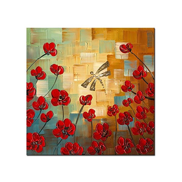 Wieco Art - Red Flower Dragonfly Full Hand Painted Oil Painting for Decoration Paintings Unframed Paintings for Living Room Decor Wall Paintings Wall Paintings for Entryway Decoration Modern Simple