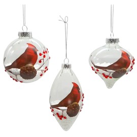 The Bridge Collection 3.13" Transparent Cardinal Ornaments - Set of 3 - Home for The Holidays - Christmas Tree Ornaments - Ball, Onion, Finial Ornaments - Cardinal Christmas Decor