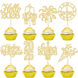 Gyufise 24Pcs 2026 Happy New Year Cupcake Toppers Gold Glitter Firework Clock Hello 2026 Cheers to 2026 Cupcake Pick Decorations for New Years Eve Party Favor Decorations Supplies