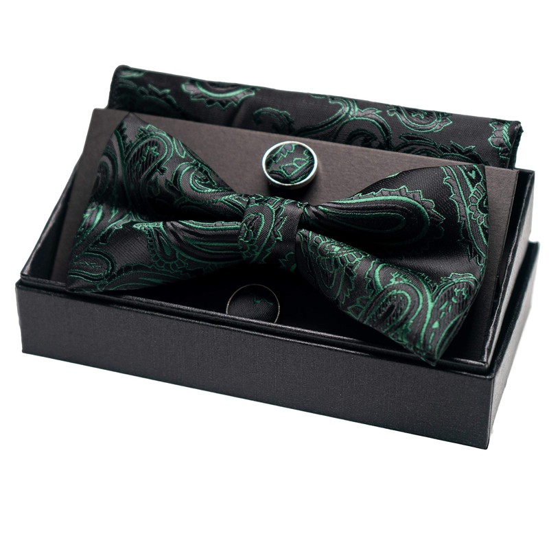JEMYGINS Men's Paisley Pattern Bow Tie, Cuffs, Buttons, Handkerchief Set,