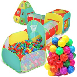 5pc Kids Play Tent for Toddlers with Ball Pit, Crawl Tunnel, Indoor & Outdoor Playhouse, Jungle Gym, Toys for Boys & Girls, Includes Dart Balls, Teepee & Basketball Hoops, (with 50 Balls)