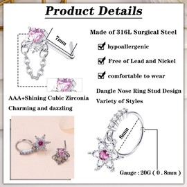 KALVICA 20 Pieces Nose Piercing Set 20G Stainless Steel Nose Piercing Black Silver Golden Moon Rose Gold Heart Iris Japonica CZ Pendant Nose Piercing Stud for Men, Stainless Steel