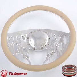 Flashpower 14'' Billet Flame Half Wrap 9 Bolts Steering Wheel with 2'' Dish and Horn Button (Tan)