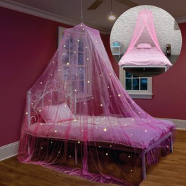 Pink Bed Canopy for Girls with Glowing Stars - Princess Crib Netting Room Decor, Ceiling Tent to Cover Toddler Crib | Single, Twin, Full, Queen Size Kids Bed Curtains, Fire Retardant Fabric