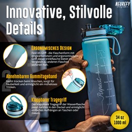 NEUREFY Drinking Bottle 1 Litre Tritan Sky Blue - Leak-Proof, Grip-Resistant, BPA-Free - Sports Bottle with Indicator of Drinking Quantity & Strainer - Gym Bottle, Water Bottle, Outdoor, Office,