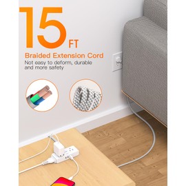 Extension Cord 15 ft, Flat Plug Power Strip, Long Power Strip, 4 Widely Outlets with 3 USB Ports (2 USB C), Extension Cord with Multiple Outlets for Home, Office, Dorm Room Essentials