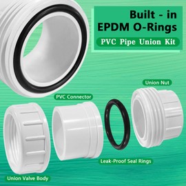 2PCS PVC Union Coupling Pipe Fitting, 1-1/2 Inch PVC Slip Union, PVC Union Fittings Set with Slip Socket Port Connection, PVC Pipe Unions for Swimming Pools and Outdoor Plumbing Applications, White
