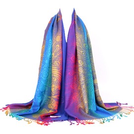 SmilerSmile Colorful Scarf Wraps for Womens Tassel Shawl Wrap Ethnic Peacock Print Warm Pashmina Feel Scarfs Prayer Poncho Shawls Cape for Head & Shoulder, 75"x27.6"(Royal Blue