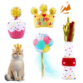 4PCS Cat Birthday Toy Set, Birthday Cake and Crown, Plush Catnip Toy with Squeaker & Tinsel, Soft Interactive Toy, Perfect for Cat Lovers