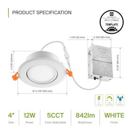 ASD 6 Pack 4 Inch Gimbal LED Recessed Lighting with Junction Box, 12W 842LM Airtight Dimmable Directional Downlight, 2700K-5000K Adjustable Eyeball Swivel Canless Ceiling Light, UL Listed, White