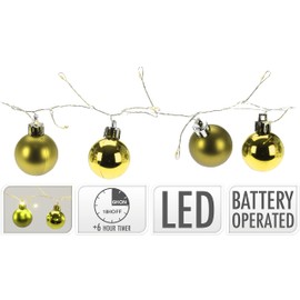 com-four® LED light chain with Christmas balls and timer - illuminated ball garland for an atmospheric Christmas decoration - Christmas decoration for the Christmas tree (01 pieces - gold-colored)