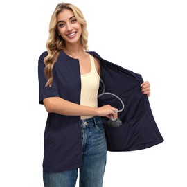 RAGEMALL Post Mastectomy Shirts with Drain Pockets Surgery Recovery Must Haves Clothing Comfy Front Zip Up Short Sleeve Tops Navy Blue XL