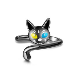 URONE Black Cat Ring 925 Sterling Silver Cute Little Black Cat Open Ring Cat Jewellery for Women Cat Lovers-US Size #8