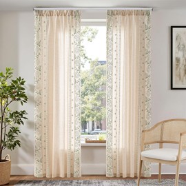 TOPICK Floral Embroidery Linen Look Pencil Pleat Curtains for Windows Bedroom 72 Inch Drop, Light Filtering Voile Curtains, Semi Transparent Sheer Living Room Curtain 2 Panels, 50W x 72L Inch, Green