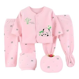 FATASH 5 PCs Newborn Baby Clothes Soft Cotton Outfit Gift Set (0-3 Months) for Boys & Girls, 1 Full Sleeve Top, 2 Pants, 1 Hat, 1 Bib Unisex Infant Night Playsuit - Pink Panda
