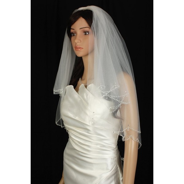 Bridal Veil White 2 Tiers Elbow Length Edge In Beads, Rhinestone, And Crystal