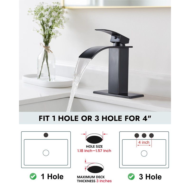 Midanya Bathroom Faucet with Waterfall Spout, Single Hole or 3-Hole