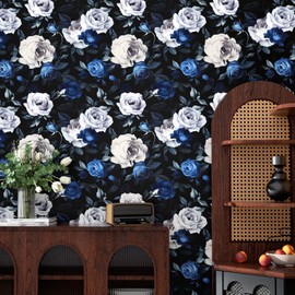 Black Foral Wallpaper Peel and Stick Dark Blue White Rose Contact Paper 17.4" x 393", Self-Adhesive Removable Vintage Flower Wall Paper for Bedroom Countertop Desk Cabinets Decor Renter Friendly