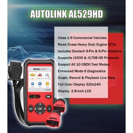 Autel AutoLink AL529HD Read/Erase Heavy Duty Engine DTCs Deutsch 9-Pin & 6-Pin Adapters One-Touch I/M Readiness/LED Indicator Support All 10 OBDII Test Modes Enhanced Mode 6 Diagnostics
