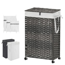 88L Slim Laundry Hamper with Wheels, 23.3 Gallon Rolling Laundry Basket with Lid, Tall and Narrow Laundry Hamper with 2 Removable Liner & 3 Mesh Laundry Bags, Laundry Sorter for Bathroom, Grey