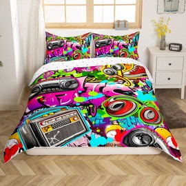 Homemissing Hippie Graffiti Style Duvet Cover Set Single Size For Kids Boys Teens Graffiti Graphic Bedding Set Street Culture Comforter Cover with 1 Pillowcase Hip Hop Music Bed Sets