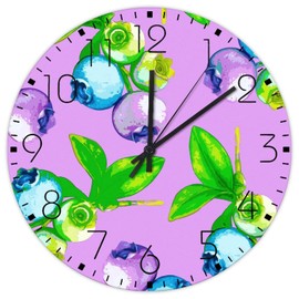 Wooden Wall Clock Non-Ticking Quartz Battery Operated Fruit Pattern Design Blueberry Farmhouse Wall Clocks Blue Purple Wooden Wall Decor for Yoga Room Patio Garden 12x12 Inch