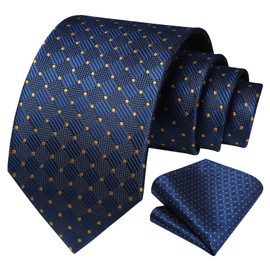 HISDERN Ties for Men Navy Blue Checkered Tie with Pocket Square Yellow Polka Dots Business Formal Neckties Handkerchief Set Wedding Party