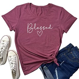 BLACKMYTH Women Cute Graphic Tees Cotton Bleesed Heart T-Shirts Wine Red Small