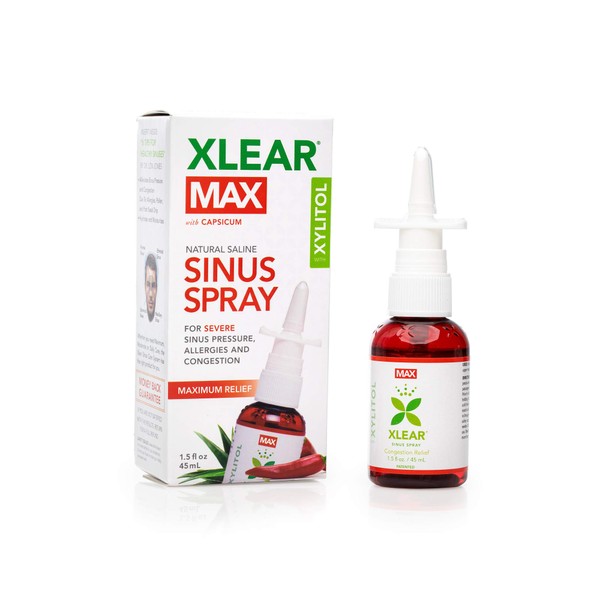 Xlear MAX Saline Nasal Spray, Natural Formula with Xylitol, Capsicum and Aloe, Nasal Decongestant for Sinus Pressure, Headache, Dry Nose for Kids and Adults, 1.5 fl oz (Pack of 2)