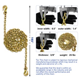 SALIFTFE 3/8 Chain Trailer Chains with Hooks, Grade 80 Tow Log Chain 7100 lbs Working Load for Truck Farm Construction(3/8 in x 16FT)