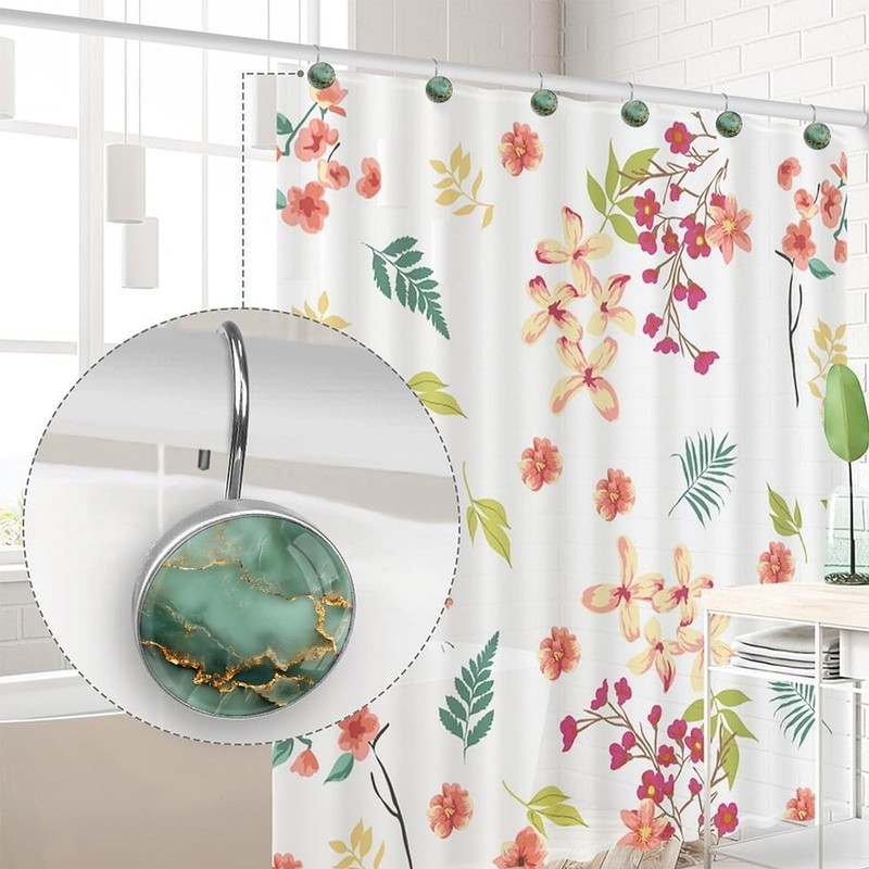 Shower Curtain Hooks Decorative,Marble Curtain Hooks Rust Proof, Set of