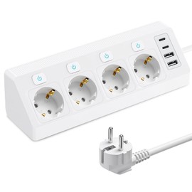 4 Fach Ecksteckdose mit Schaltern, Steckdosenleiste Ecke mit 2 USB und 2 Type-C, Ecksteckdosenleiste mit Überspannungsschutz, Tischsteckdose 2M Kabel, für Küche, Schreibtisch & Büro