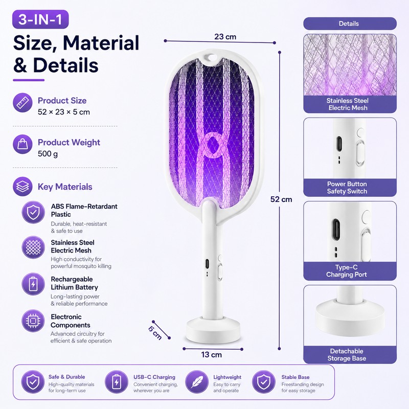 3-in-1 Electric Mosquito Swatter for Home Pest Control – Type-C