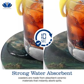 Coasters for Drinks, Round Absorbent Ceramic Stone Coasters Set of 6 with Cork Base, Funny Drink Coasters with Holder for Cold Drinks Wine Mugs and Cups Tabletop Protection, 4 Inches (Lake)