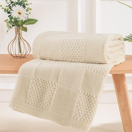 NEXHOME PRO Knit Throw Blanket,Classical Checkered Blanket for Couch,Cozy Warm Knitted Throw Blanket for Bed Sofa Living Room, Decorative Stretched Throw, Lightweigh,60"X80"Cream White