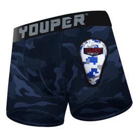 Youper Youth Elite Boxer Briefs w/Soft Athletic Cup, Boys Stretch Boxer Jock for Baseball & Football (Navy Camo, Medium)