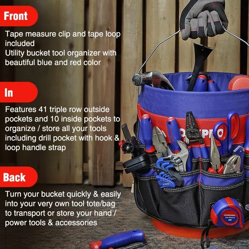 WORKPRO 5 Gallon Bucket Organizer Tote Bag 51 Storage Pocket