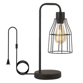 Modxian Industrial Vintage Table Lamp with Plug-in Cord Switch, Black Farmhouse Table Lamp with Metal Cage Shade, E26 Base Edison Bedroom Nightstand Light for Bedside, Office, Living Room
