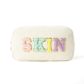 Preppy Patch Makeup Bag,Travel Cosmetic Bags Corduroy Portable Waterproof Toiletry Storage Case with Chenille Letter Zipper Daily Use Pouch for Women,Creamy White Skin